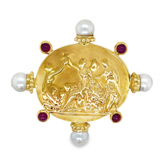 Front View of Italian Made Intaglio Yellow Gold Ruby & Pearl Pendant and Brooch