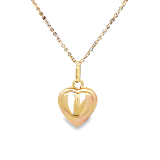 Front view of Italian Made Medium Yellow Gold Heart Puffy Pendant 