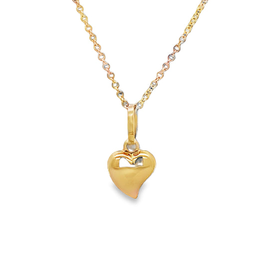 Front view of Italian Made Mini Yellow Gold Heart Puffy Pendant 