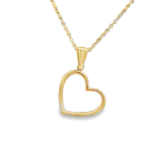 Front view of Italian Made Titled Cut Out Yellow Gold Heart Pendant