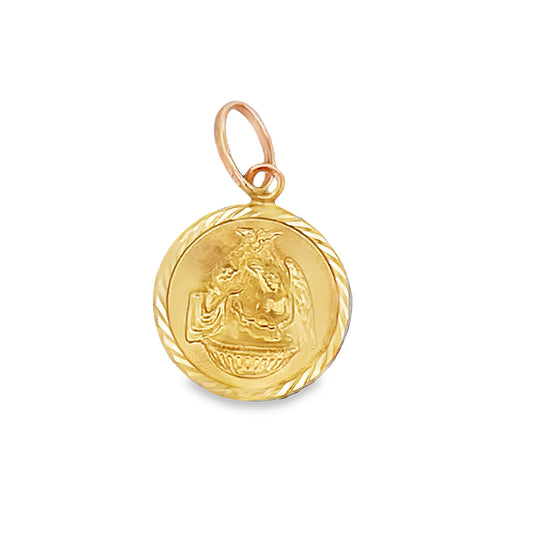 Front view of 14k Italian Yellow Gold Baptism Medallion Pendant 27 x 17.00 MM