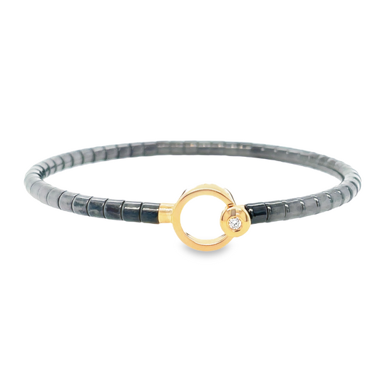 Front view of Italian Made 18K Rose Gold Diamond Fancy Clasp Flexible Ceramic Bracelet