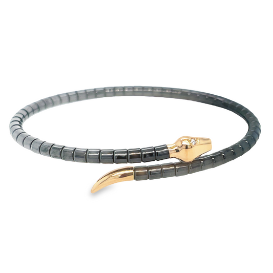 Top view of Italian Made 18K Rose Gold Diamond Flexible Snake Head Ceramic Bracelet