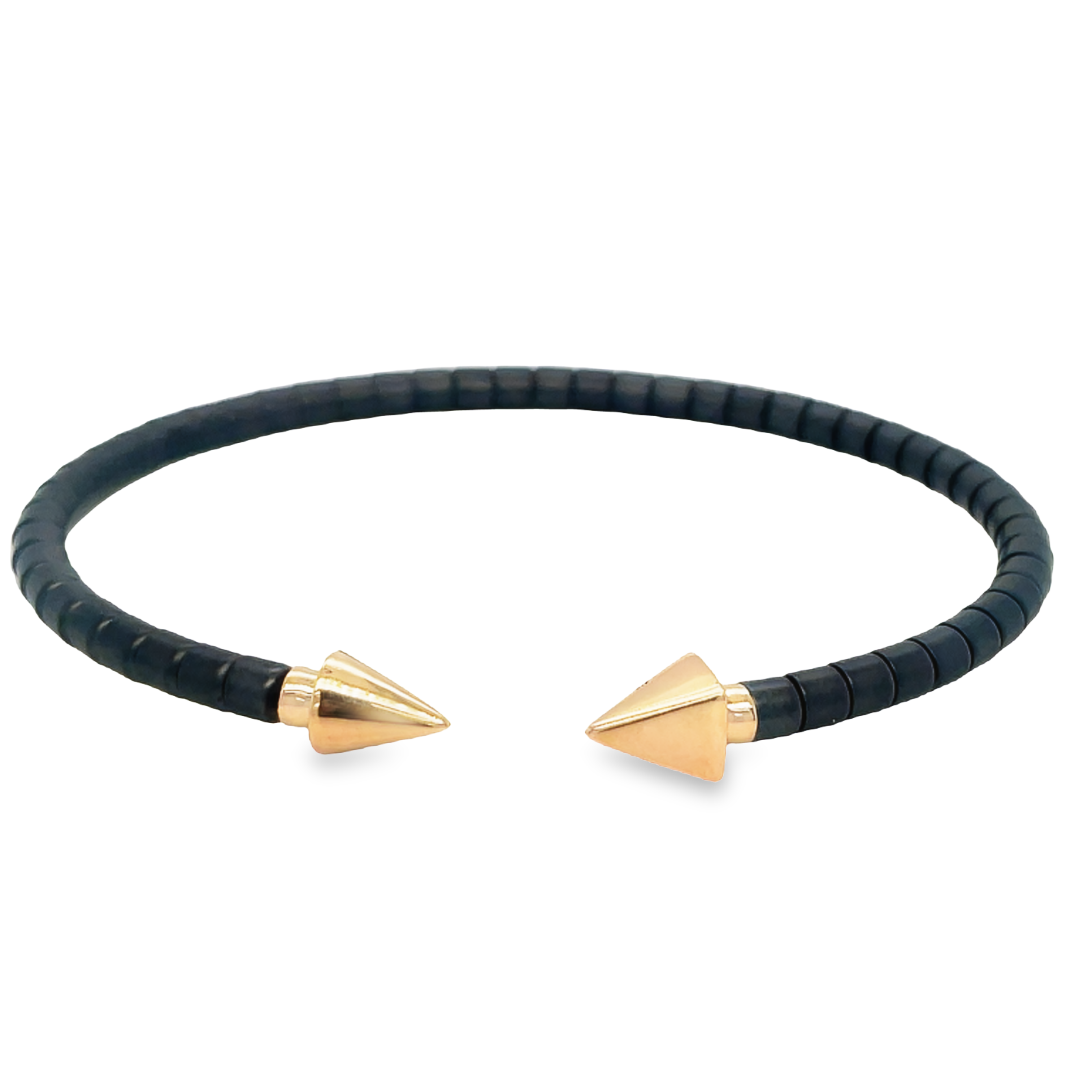 This Mens 18K Rose Gold Flexible Ceramic Bracelet is a perfect addition to any look. It features an elegant spear style design, made of luxurious 18k rose gold with flexible ceramic bangle. Crafted in Italy with the highest quality materials, this bracelet will stand the test of time.