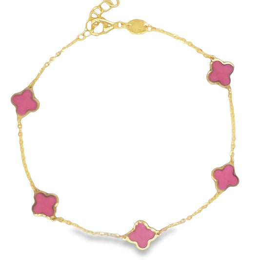 Top view of fastened 14k Yellow Gold Hot Pink Clover Bracelet 11.00 mm
