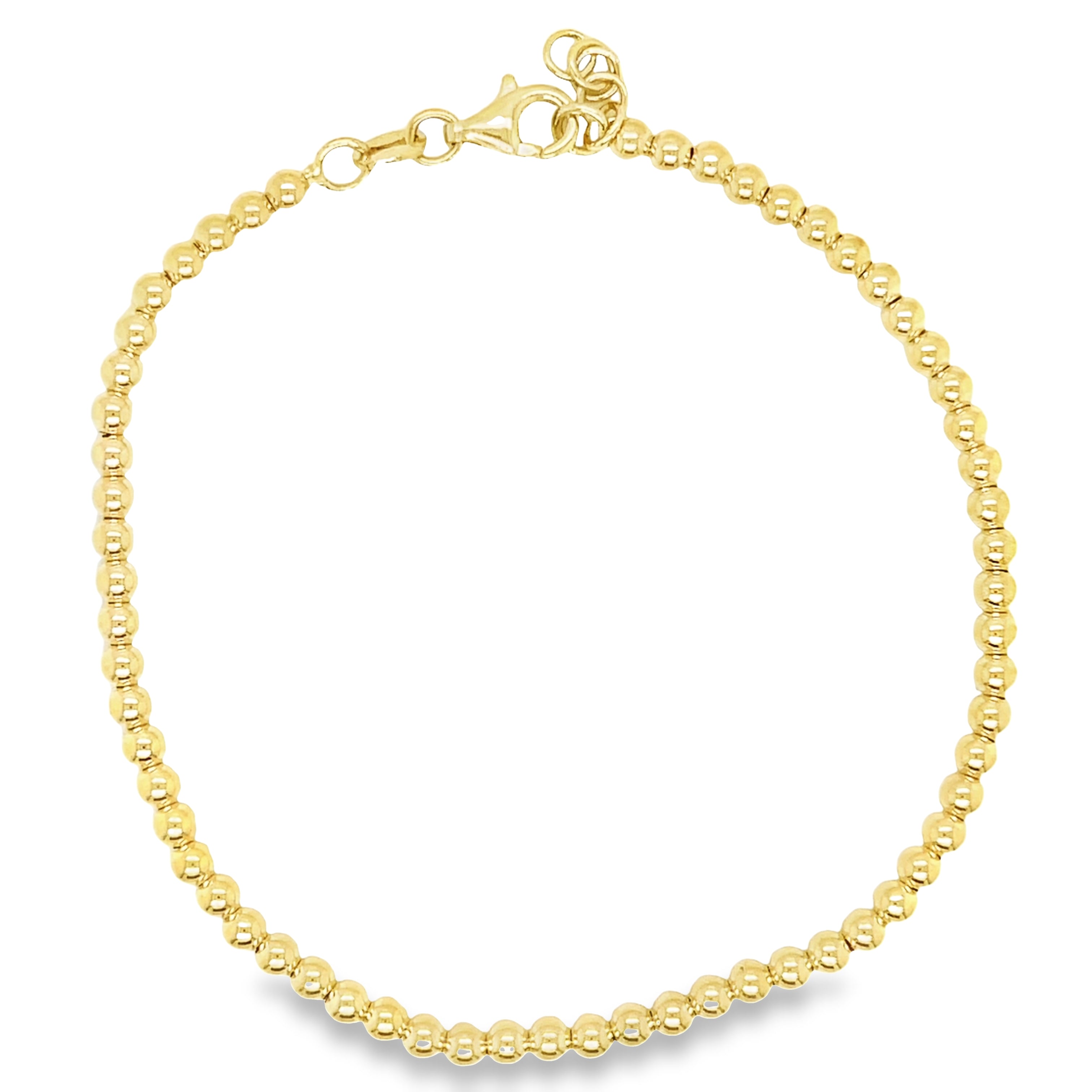 This timeless piece is crafted with precision and detail, featuring diamond cut beads and secure lobster clasp. With a width of 3.00 mm and 7.5" length, you'll be sure to appreciate the quality of this Italian made 14k yellow gold stackable bracelet.