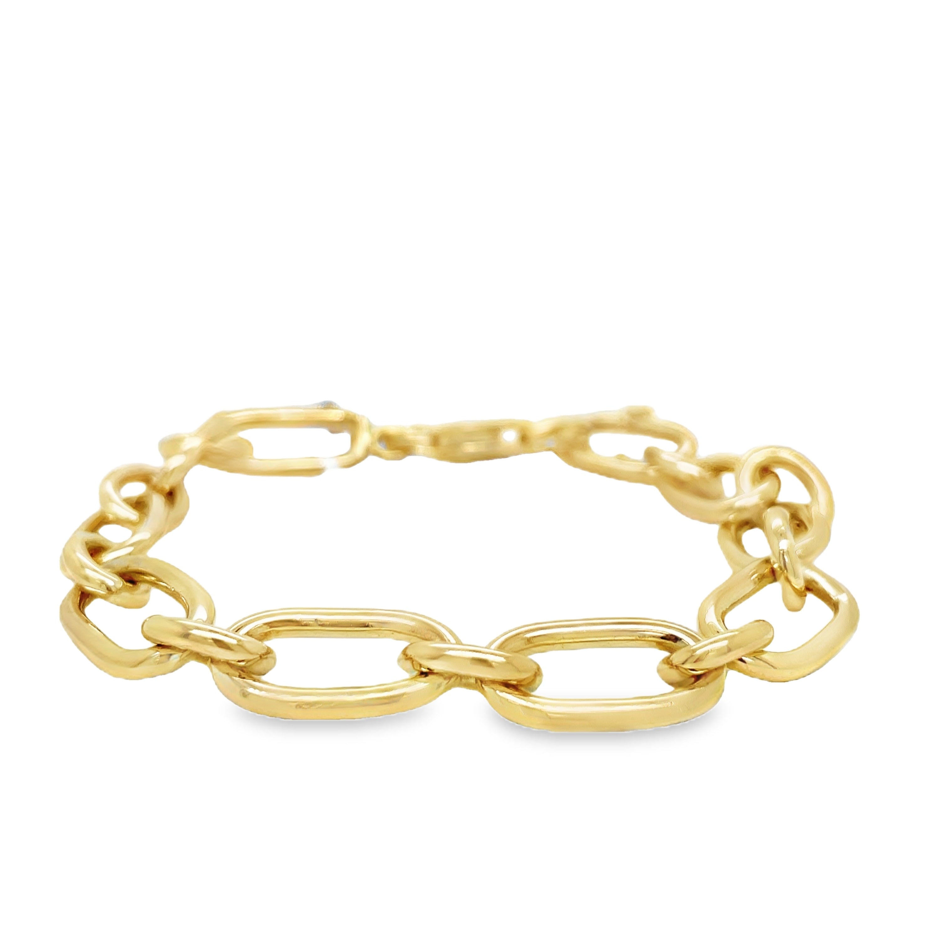 ndulge in luxury with our 14K Yellow Gold Solid Large Oval Open Link Bracelet. Made of 14k yellow gold, its secure lobster clasp and safety chain provide peace of mind while its 10.00 mm wide open link design adds elegance to any outfit. Elevate your style with this exclusive piece.