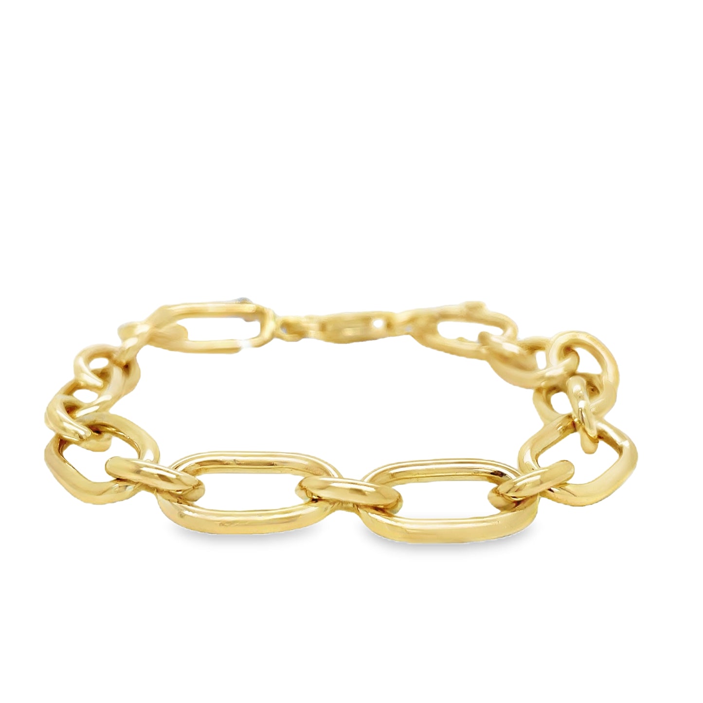 14K Yellow Gold Solid Large Oval Open Link Bracelet Front view clasp fastened