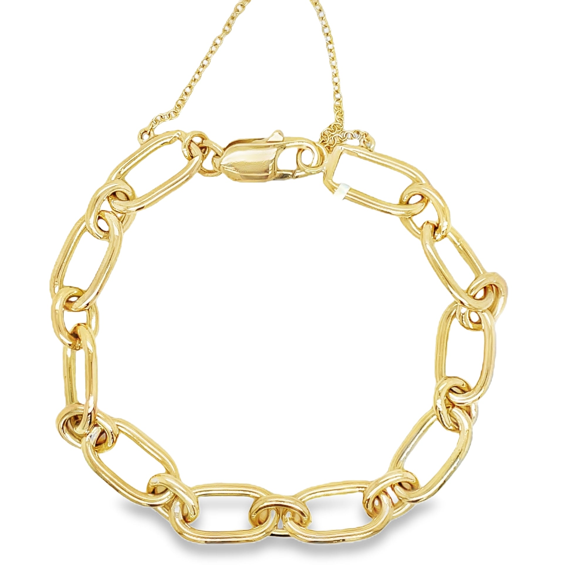 14K Yellow Gold Solid Large Oval Open Link Bracelet Top view clasp fastened 