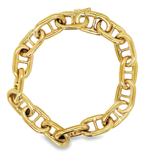 18k Italian Solid and Thick Mariner Link Bracelet Top view clasp fastened