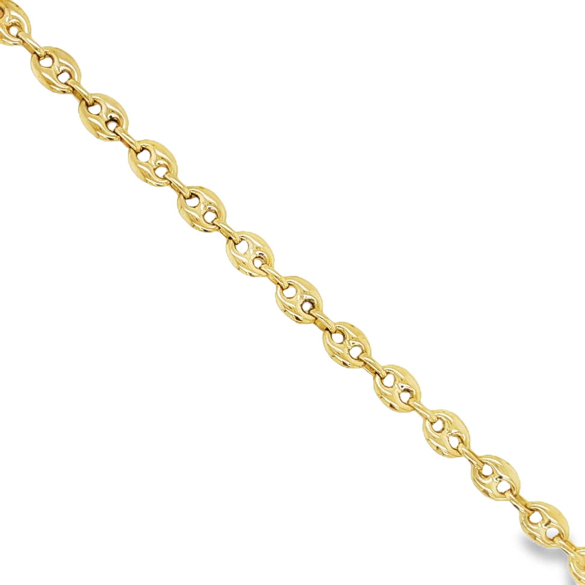 ndulge in pure luxury with our 18K Gold Mariner Chain Link Bracelet. Exquisitely crafted in Italy, this 8.5 inch bracelet boasts a puffy mariner link design that adds texture and depth to any outfit. The secure lobster catch ensures it stays on your wrist all day long. Elevate your style with this exclusive piece.