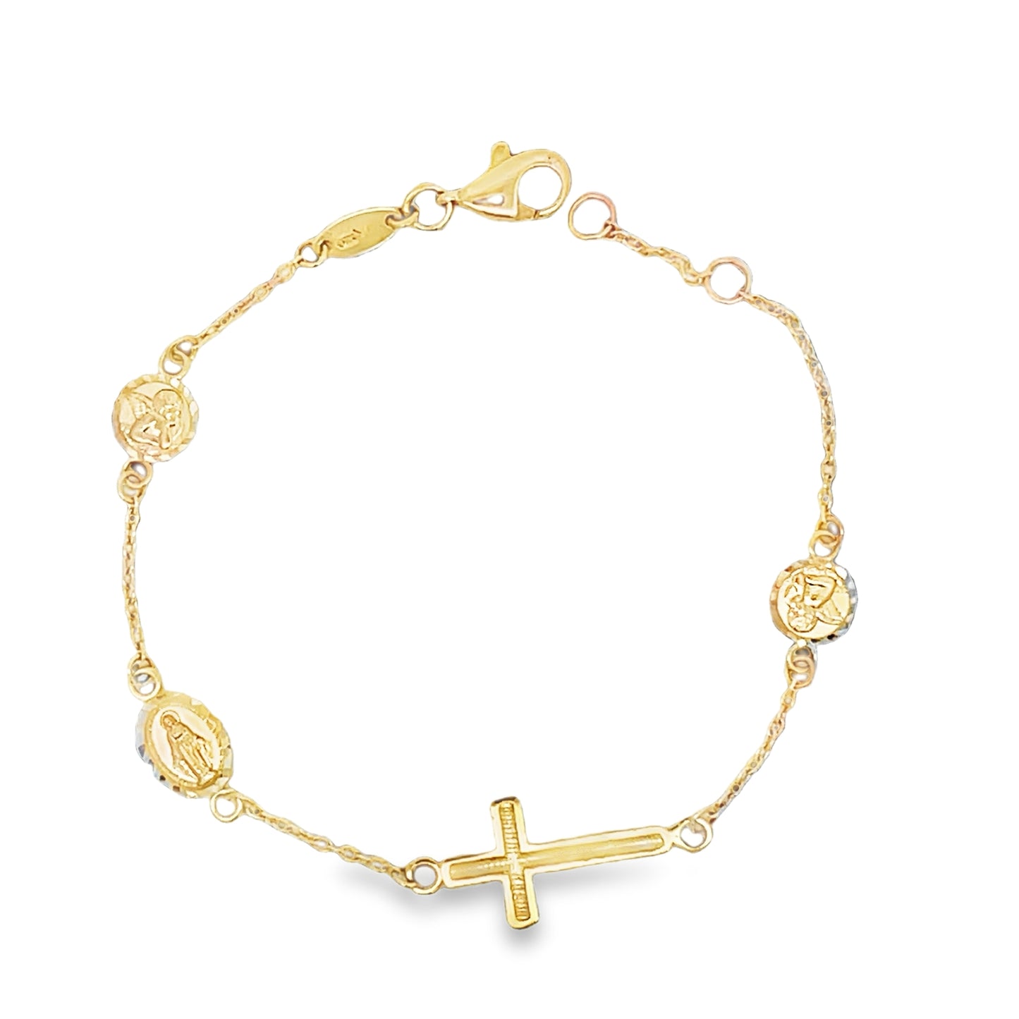 Top view of 14k Yellow Gold Cross & Miraculous Medal Children Bracelet 
