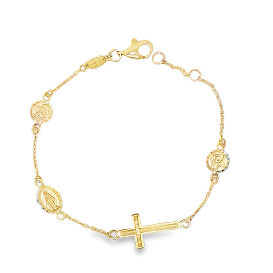 Top view of 14k Yellow Gold Cross & Miraculous Medal Children Bracelet 