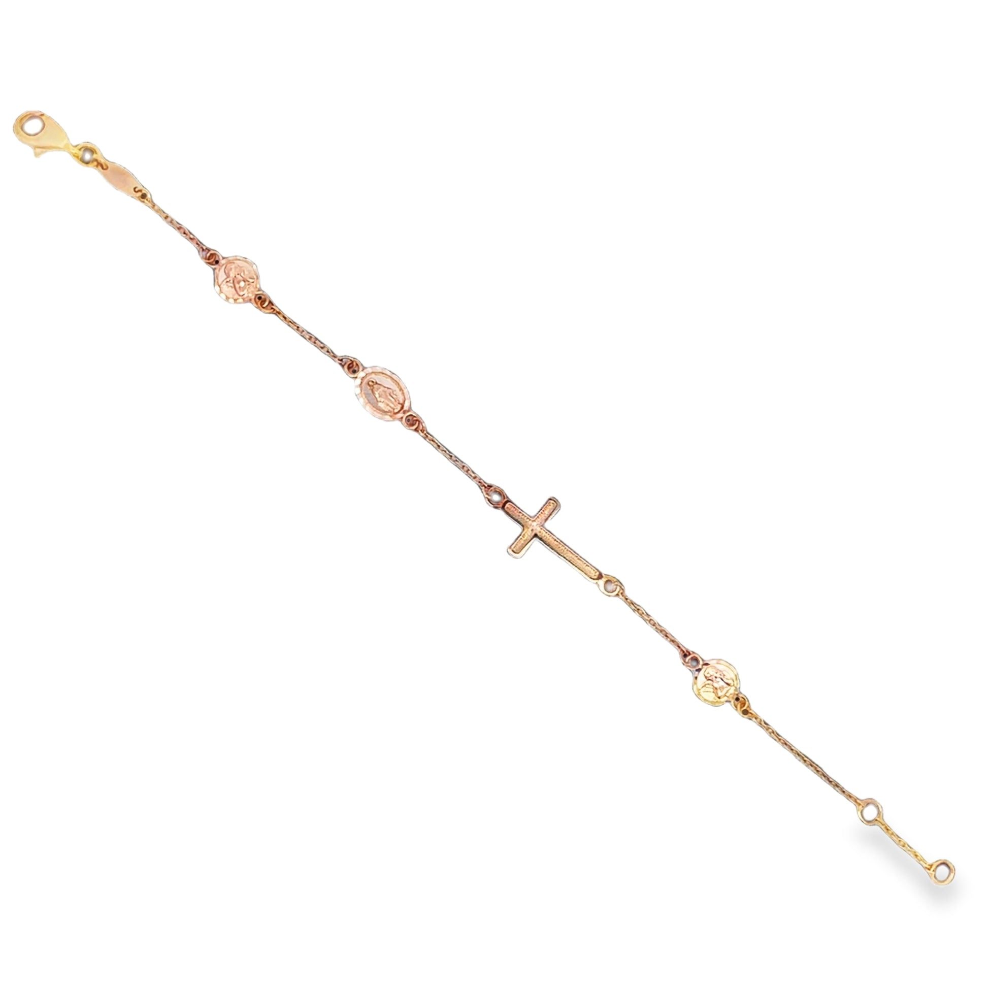 Top view of 14k Yellow Gold Cross & Miraculous Medal Children Bracelet 