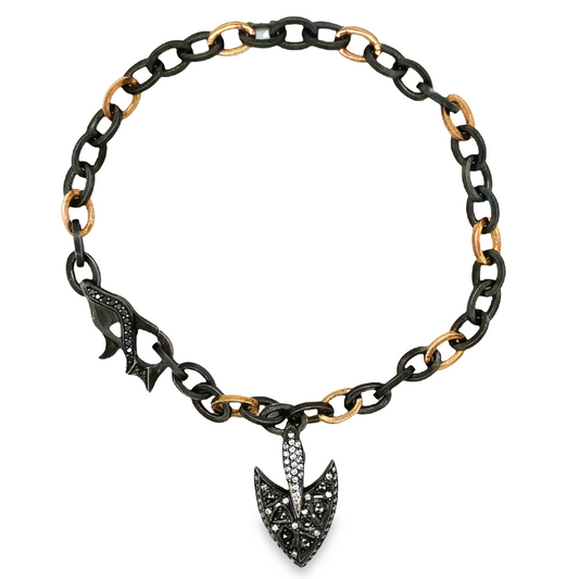 Top view of Mens 18K Rose Gold & Oxidated Sterling Silver Diamond Spear Clasp Bracelet