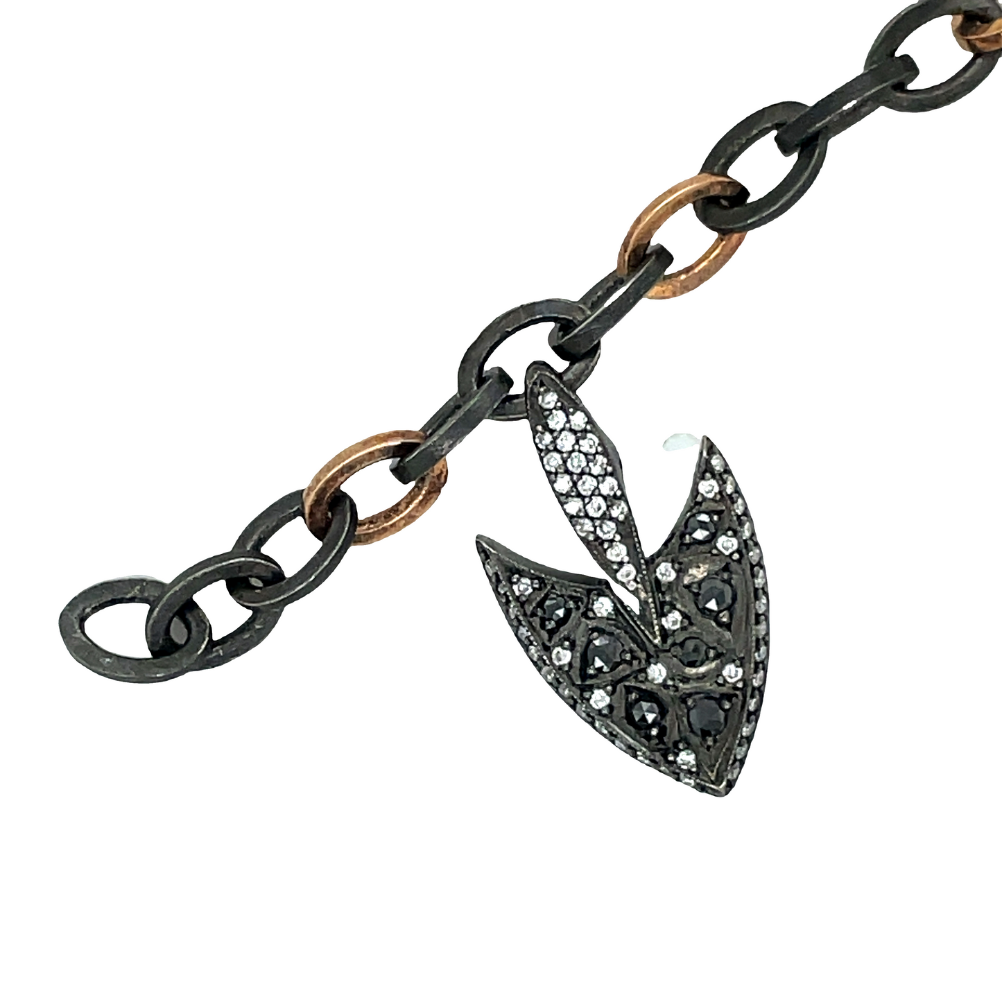 Top view of Mens 18K Rose Gold & Oxidated Sterling Silver Diamond Spear Clasp Bracelet