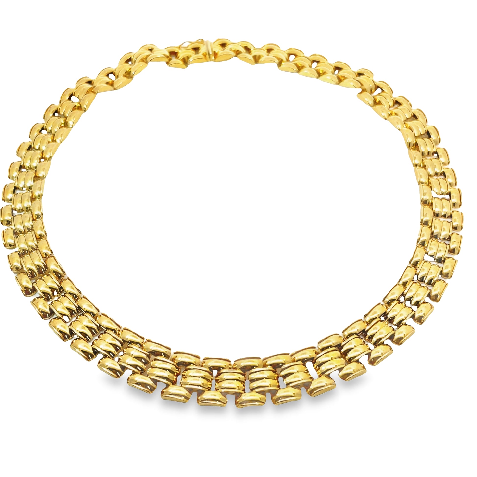 Top view of fastened 14k Panther Link 3 Row Italian Made Yellow Gold Necklace