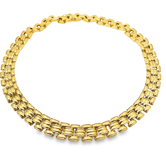 Top view of fastened 14k Panther Link 3 Row Italian Made Yellow Gold Necklace
