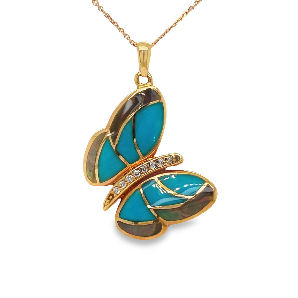 This Tilted Seamless Turquoise, MOP & Diamond Butterfly Pendant Necklace is exquisitely fashioned in 18kt rose gold with the finest sparkling round diamonds and smooth mother of pearl and turquoise. It features a secure lobster catch and a back adorned with mother of pearl, so it can be worn both sides. Make a statement with this majestic piece of unique and dazzling jewelry!