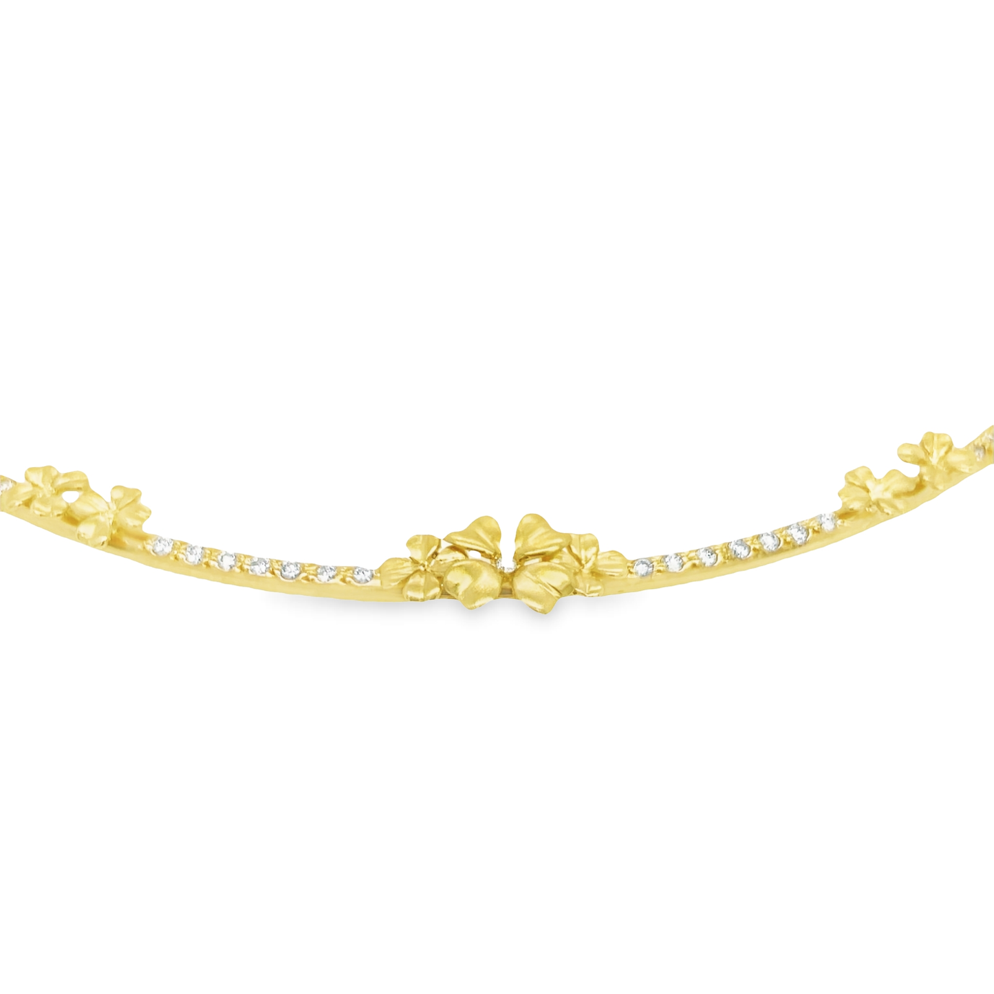 Top view of 18k Yellow Gold Diamond Five Station Flower Motif Necklace