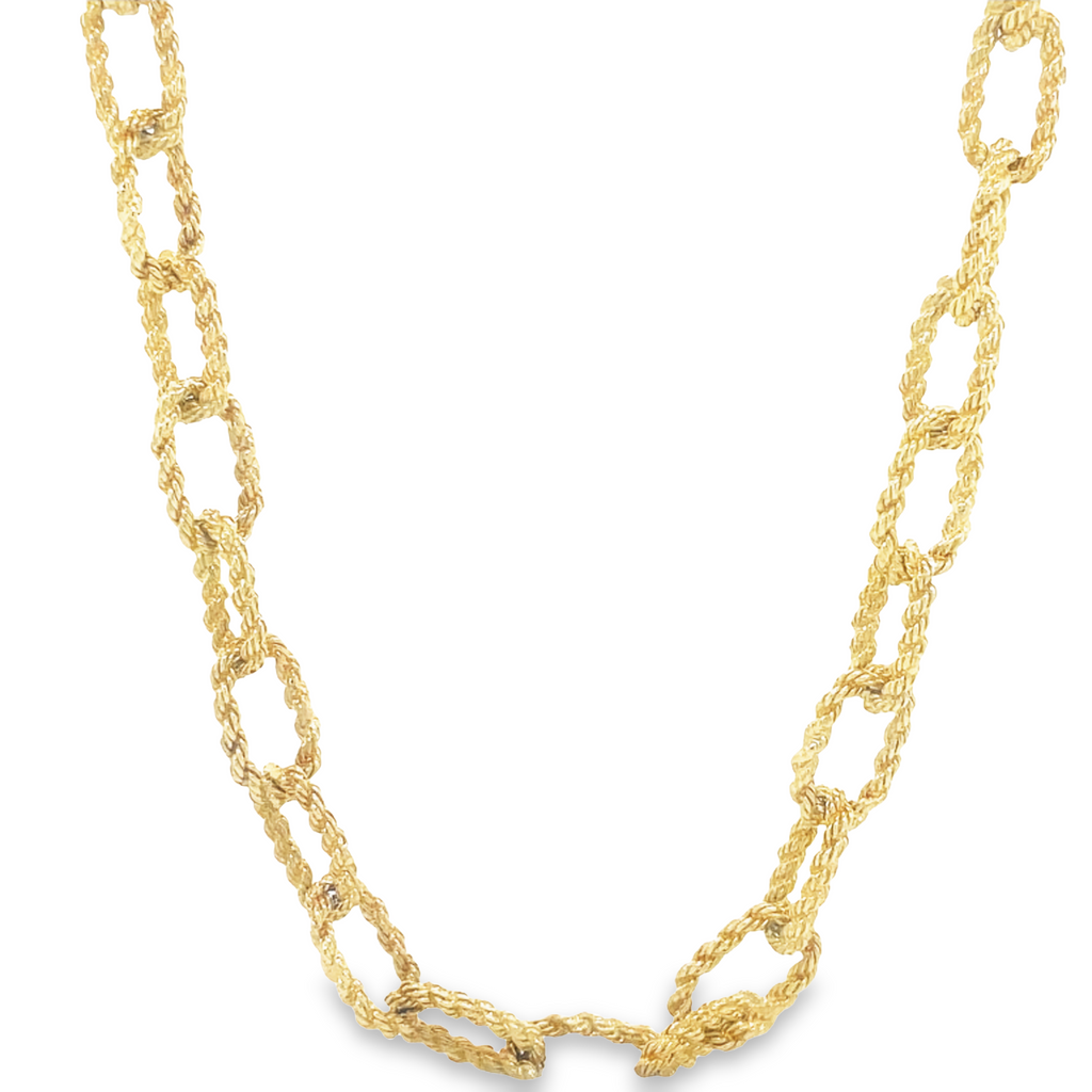Add a classic and timeless look to your wardrobe with this 14k long rope chain link necklace. This 34" necklace is crafted from 14k yellow gold and gives off a matte finish. Its design is simple yet sophisticated, and it’s sure to be a staple in your jewelry collection.