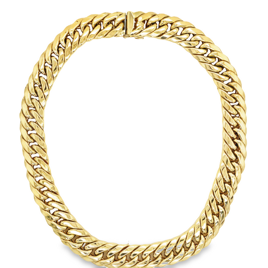 14k Yellow Wide Flat Curb Link Necklace Top view clasp fastened