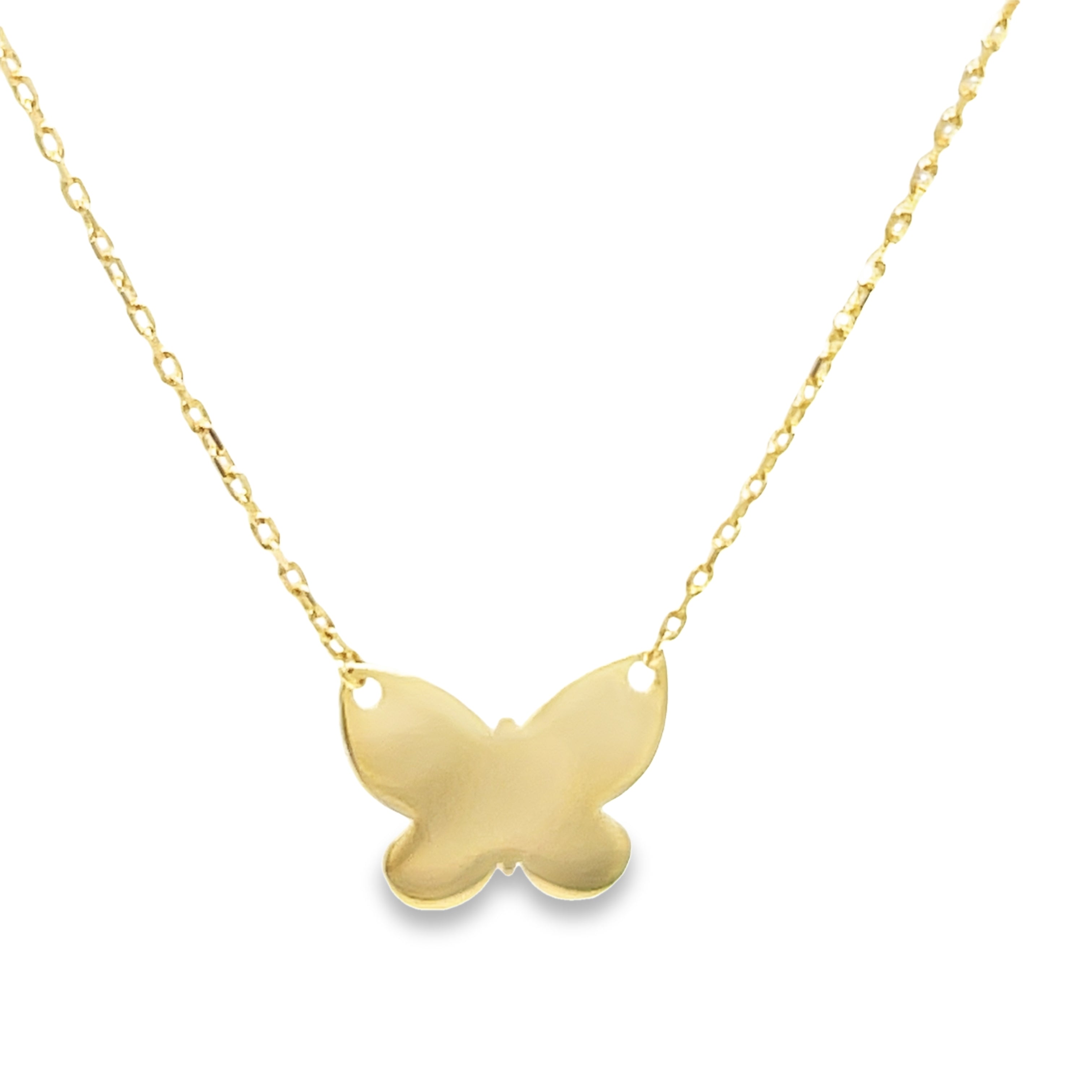 Enhance your everyday look with this stunning 14k Italian Yellow Gold Butterfly Necklace. Expertly crafted in Italy, it features a secure lobster clasp and adjustable 18" length for the perfect fit. The delicate butterfly pendant adds a touch of elegance and charm to any outfit. Elevate your style with this must-have accessory!
