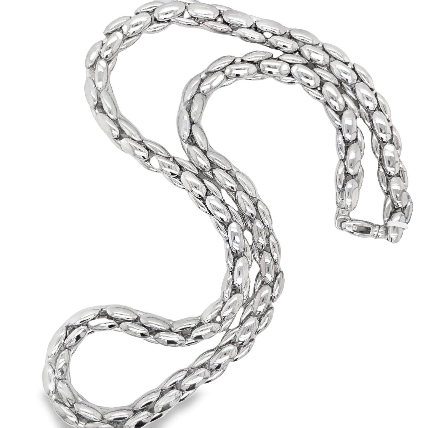 Italian Made 14K White Gold Round Chain Link Necklace top view clasp fastened