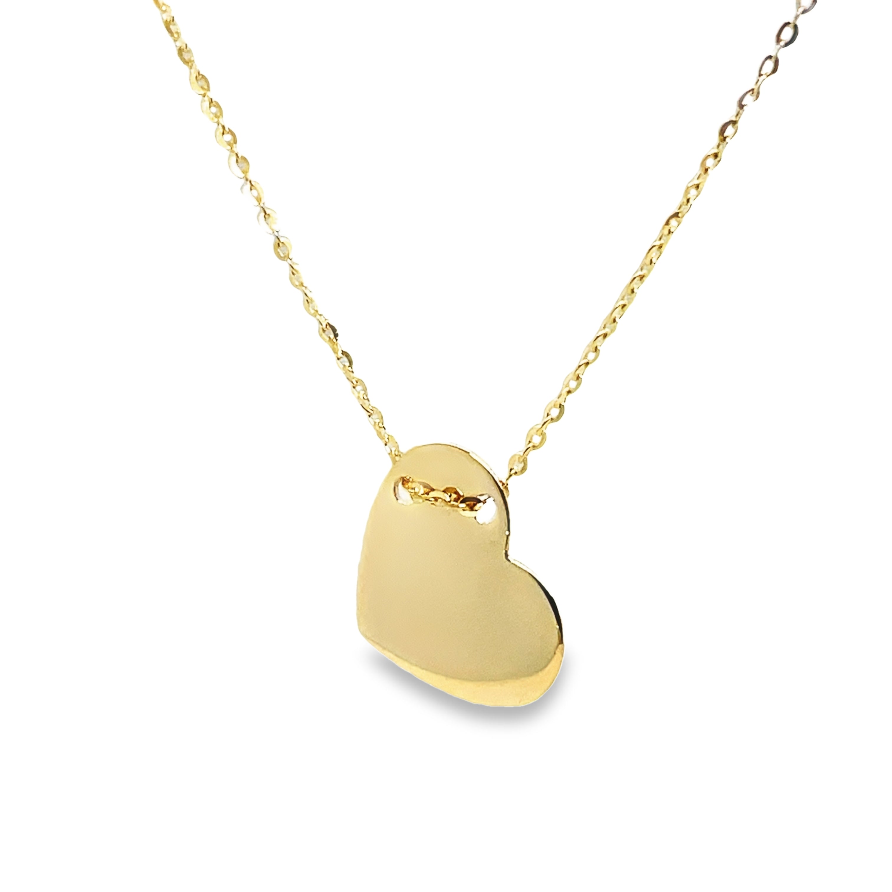 "Fall in love with this stunning 14k Yellow Gold Tilted Heart Necklace. The 16" chain delicately holds a 15.00 mm heart pendant, all crafted from high-quality 14k yellow gold. Add a touch of elegance and romance to any outfit with this beautiful necklace.".