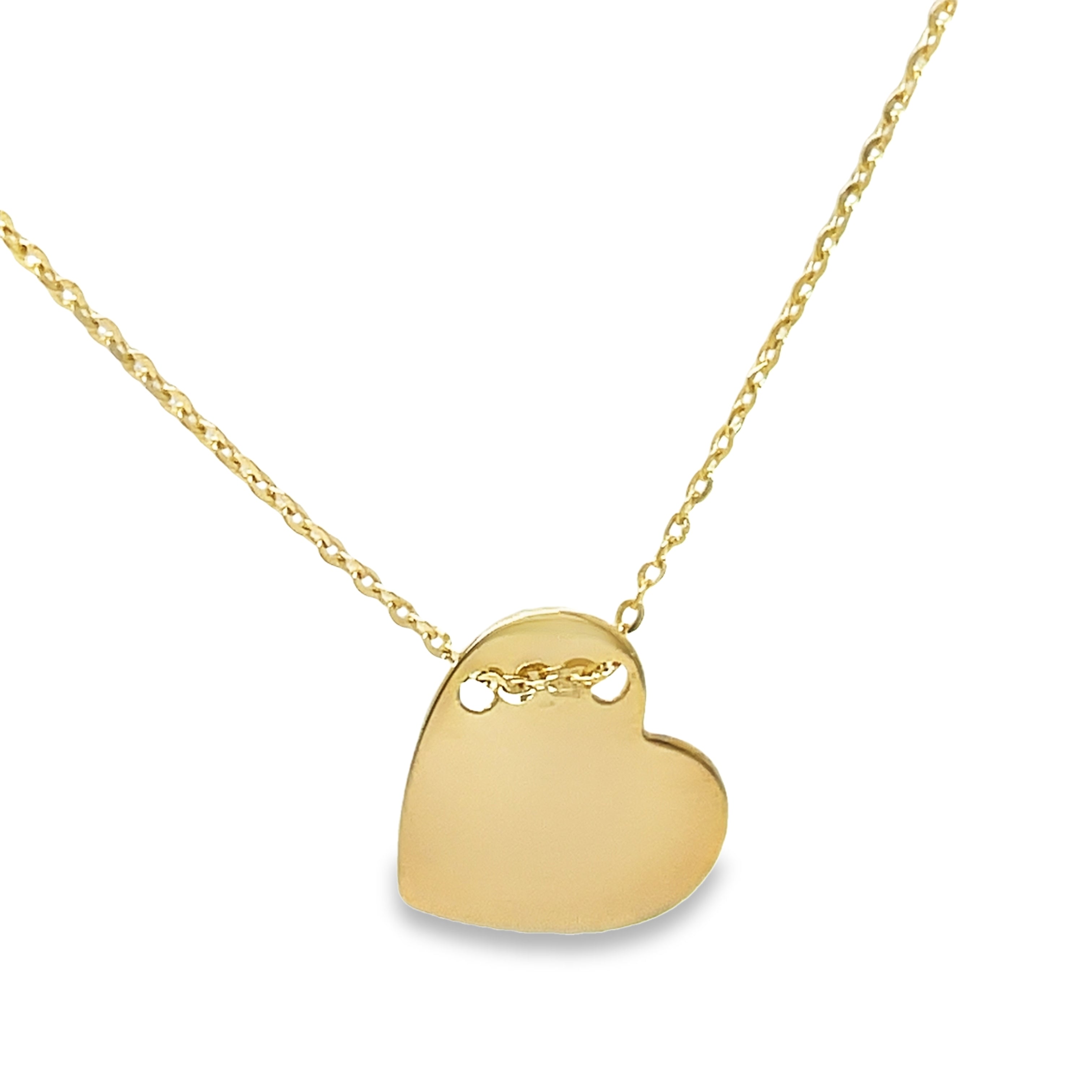 "Fall in love with this stunning 14k Yellow Gold Tilted Heart Necklace. The 16" chain delicately holds a 15.00 mm heart pendant, all crafted from high-quality 14k yellow gold. Add a touch of elegance and romance to any outfit with this beautiful necklace.".