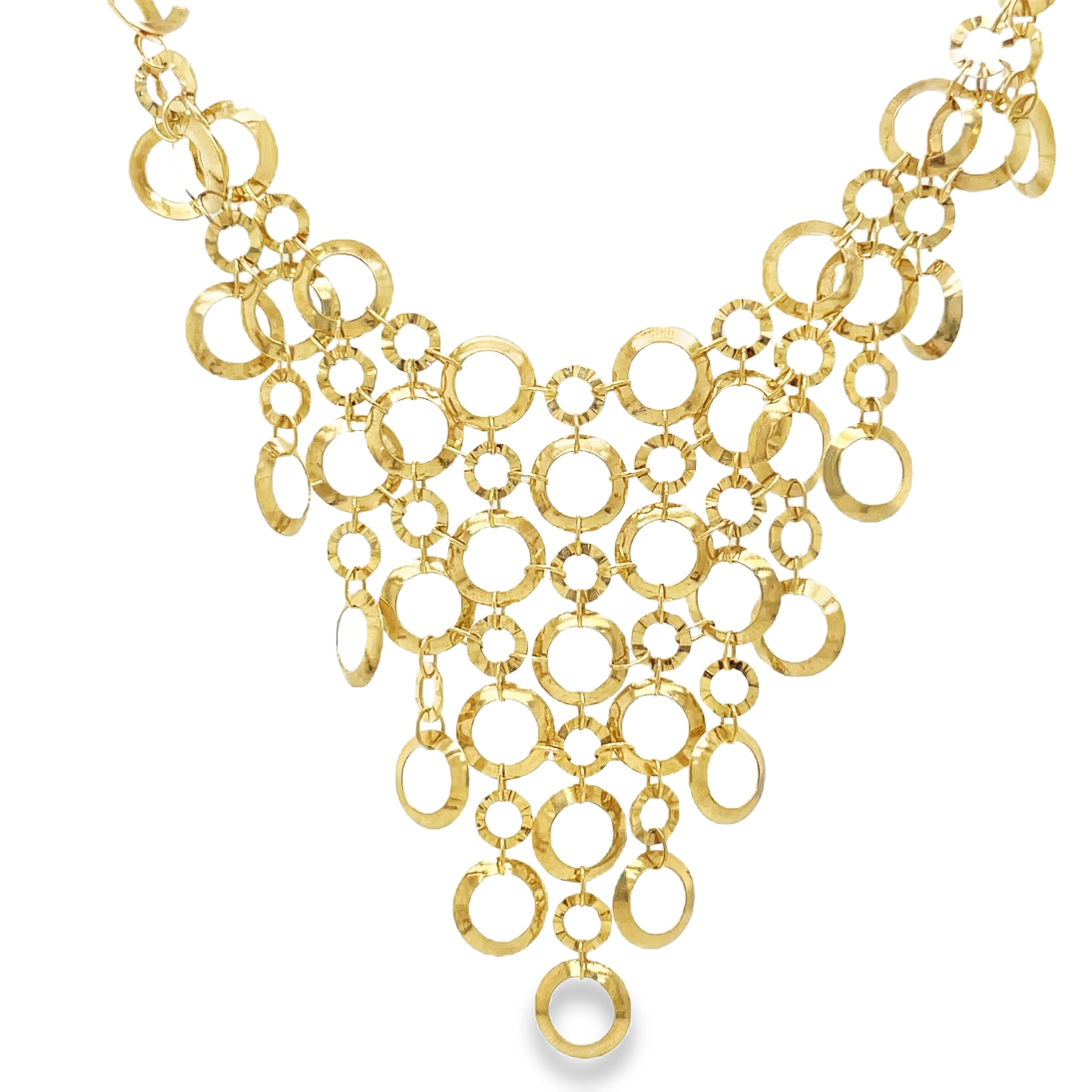 ndulge in luxury with our 14K Yellow Gold Lightweight Circle Necklace. The delicate yet durable 14k yellow gold creates a stunning circle design, secured by a lobster catch. Perfect for any occasion, this necklace adds a touch of elegance to your look. 16" long with 2" sizing&nbsp;