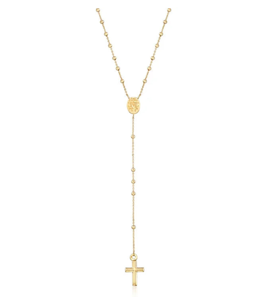 14k Italian Yellow Gold Rosary Necklace Top view clasp fastened