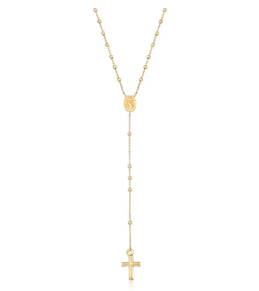 14k Italian Yellow Gold Rosary Necklace Top view clasp fastened