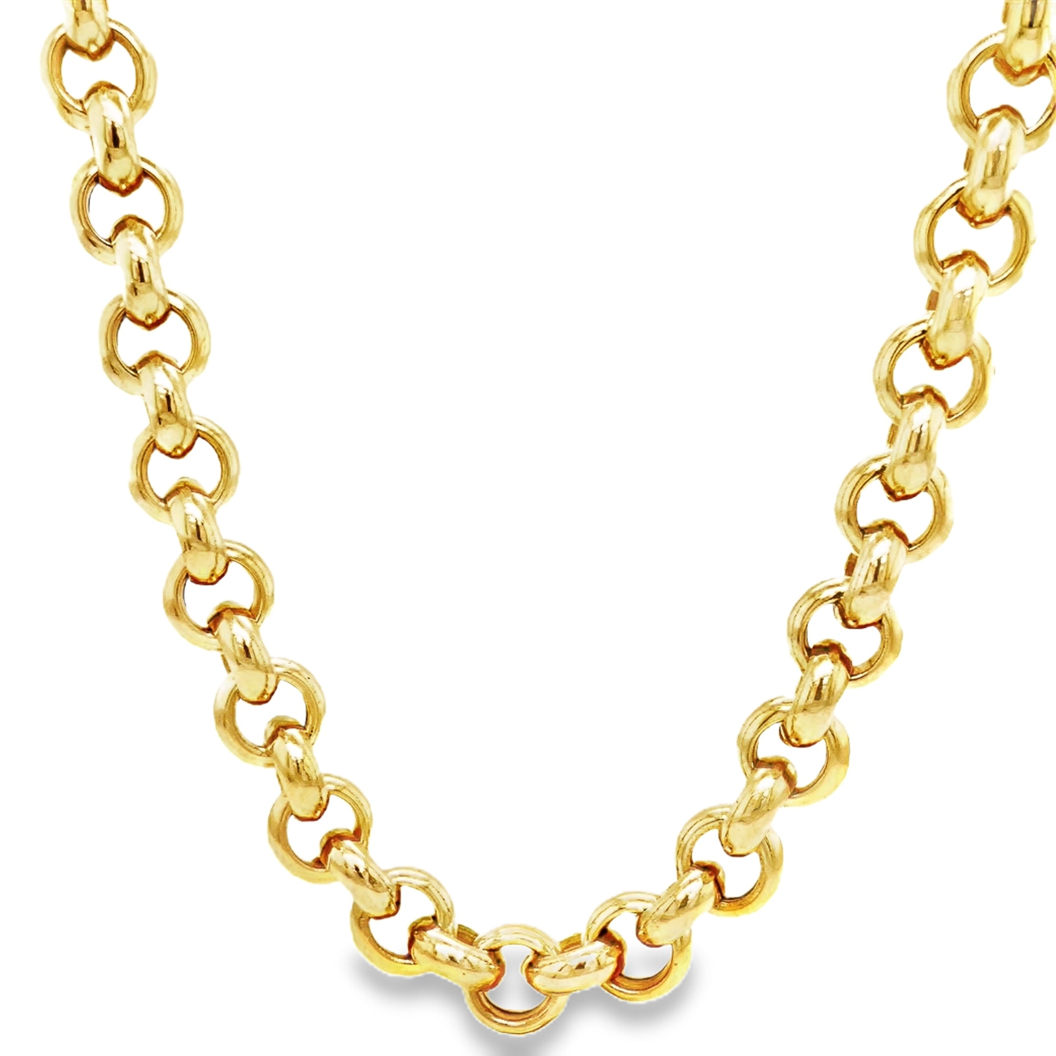 Indulge in the luxurious elegance of our 14K Large Rolo Link Chain Necklace. Crafted with 14k yellow gold and boasting a secure large lobster clasp, this necklace features a substantial 8.80 mm thickness and a sophisticated 20" length. Elevate any ensemble with this exclusive and timeless piece.