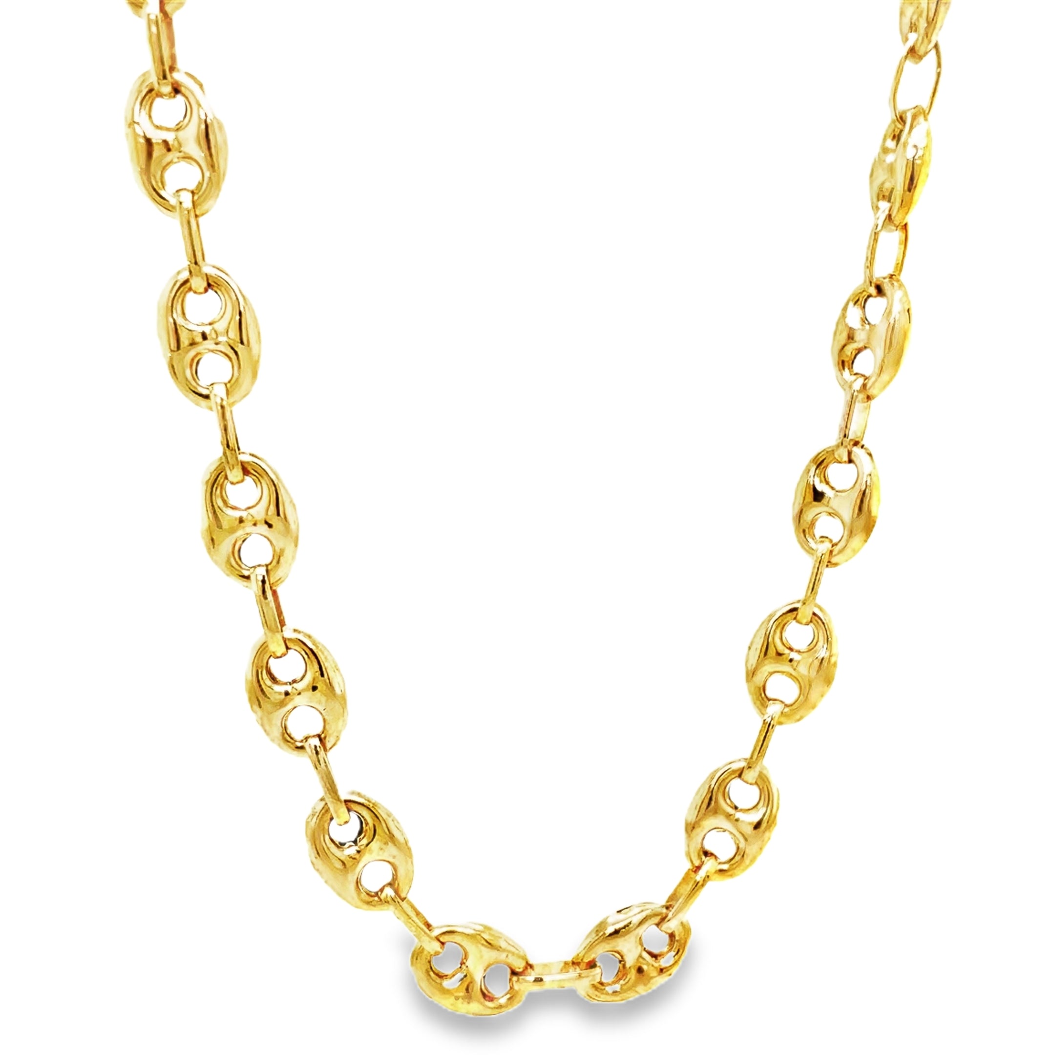 This classic 18K yellow gold puffy mariner link necklace measures 24" in length and 7.20 mm in thickness. It also features a lobster catch for secure fastening. It ensures a timeless and long-lasting look with a secure lobster catch.

16.40 dwt.