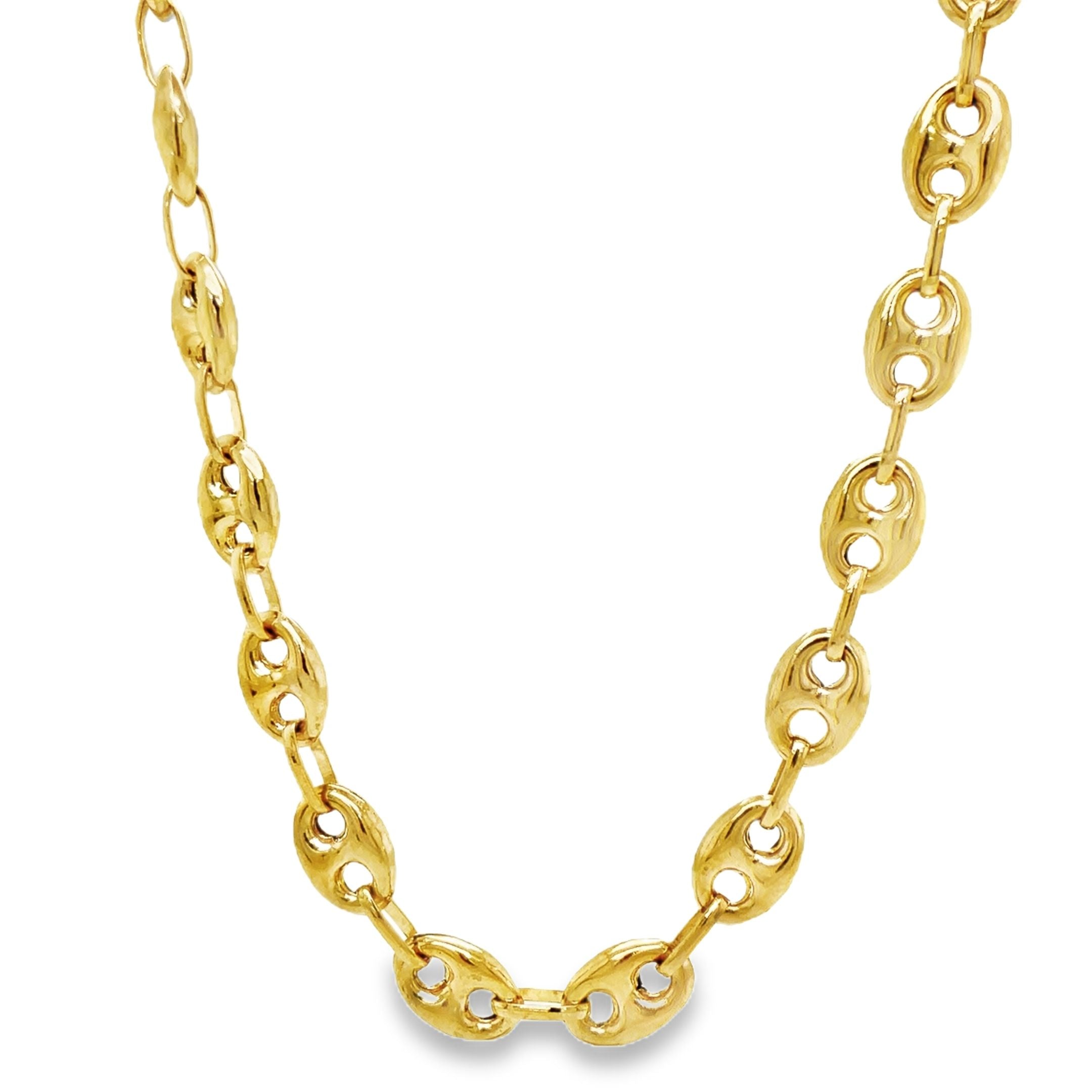 This classic 18K yellow gold puffy mariner link necklace measures 24" in length and 7.20 mm in thickness. It also features a lobster catch for secure fastening. It ensures a timeless and long-lasting look with a secure lobster catch.

16.40 dwt.