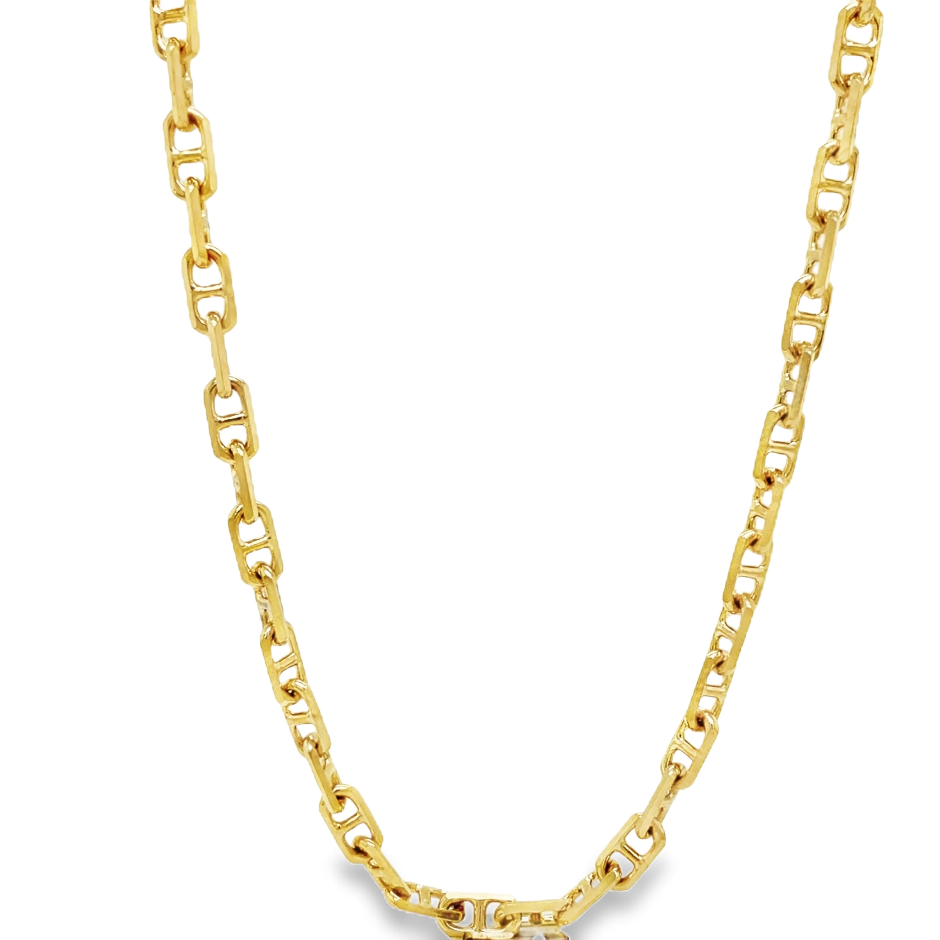 This exquisite 18k solid gold fancy link necklace exudes luxury and elegance. The solid links and anchor style bring a timeless charm, while the 23" length offers versatility and sophistication. Add a touch of opulence to any outfit with this premium necklace.


