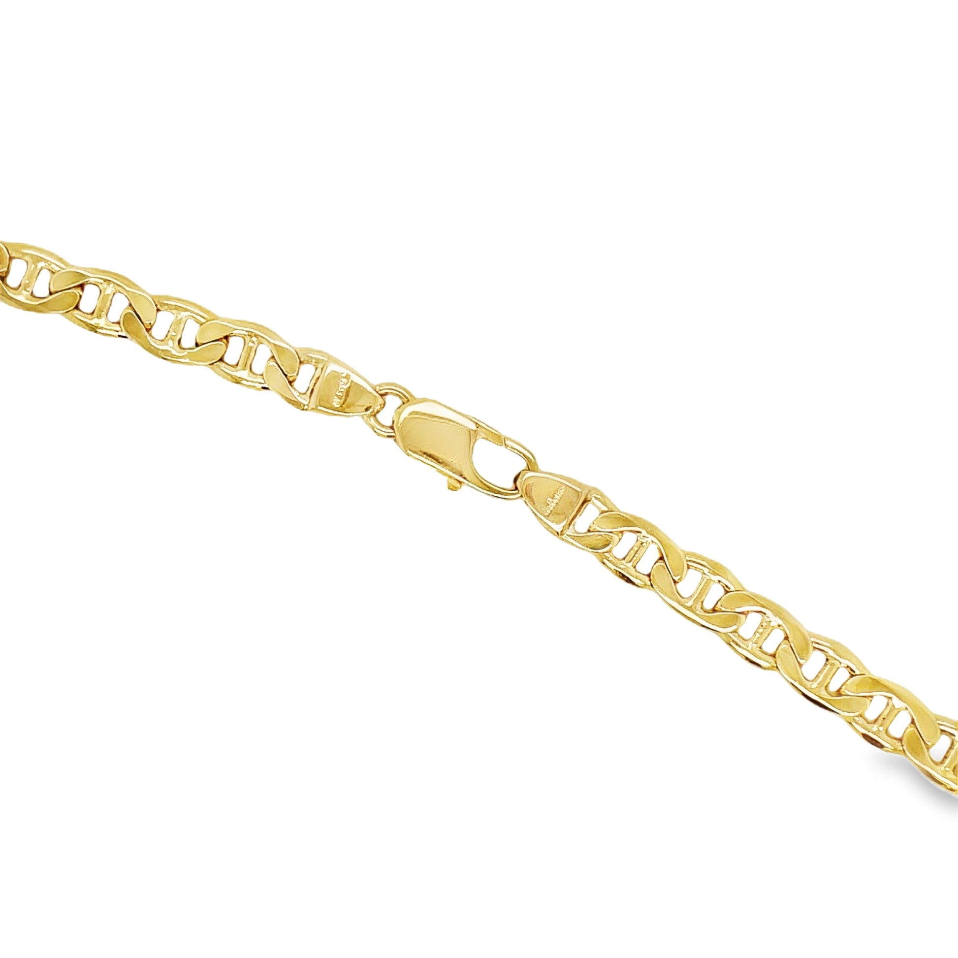 18K Solid Gold Flat Mariner Chain Link Necklace 20" Top view clasp fastened  Close Up