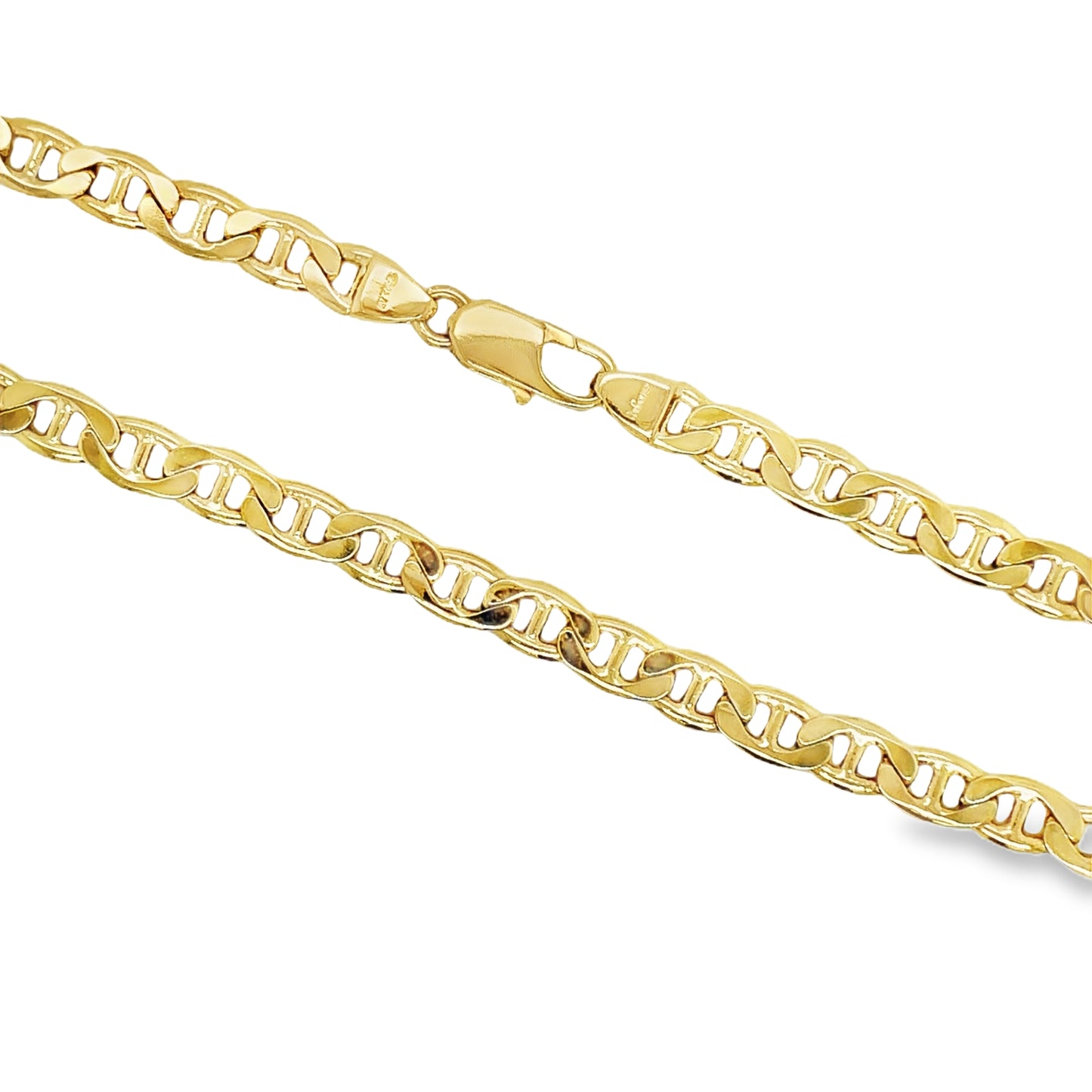 18K Solid Gold Flat Mariner Chain Link Necklace 20" Top view clasp fastened  Close Up
