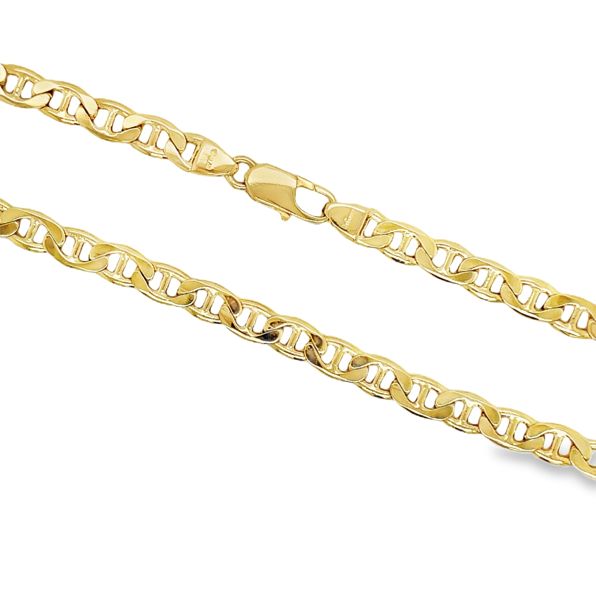 18K Solid Gold Flat Mariner Chain Link Necklace 20" Top view clasp fastened  Close Up