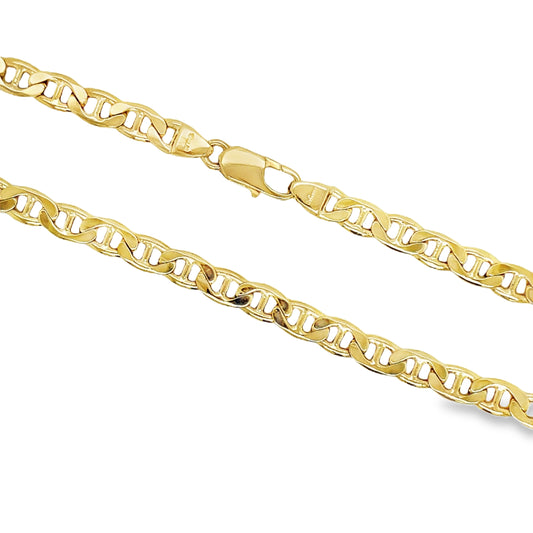 18K Solid Gold Flat Mariner Chain Link Necklace 20" Top view clasp fastened  Close Up