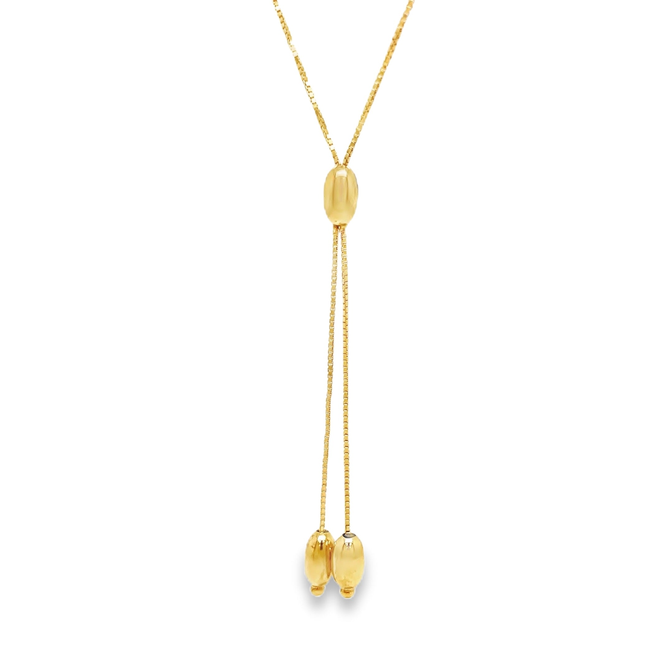 ndulge in luxury with our 14k Yellow Gold Bar &amp; Bead Lariat Necklace. Crafted from premium 14k yellow gold, this necklace features a delicate box chain, three gold beads, and a 16" length with a 2" lariat drop. Elevate your style and make a statement with this exclusive piece.