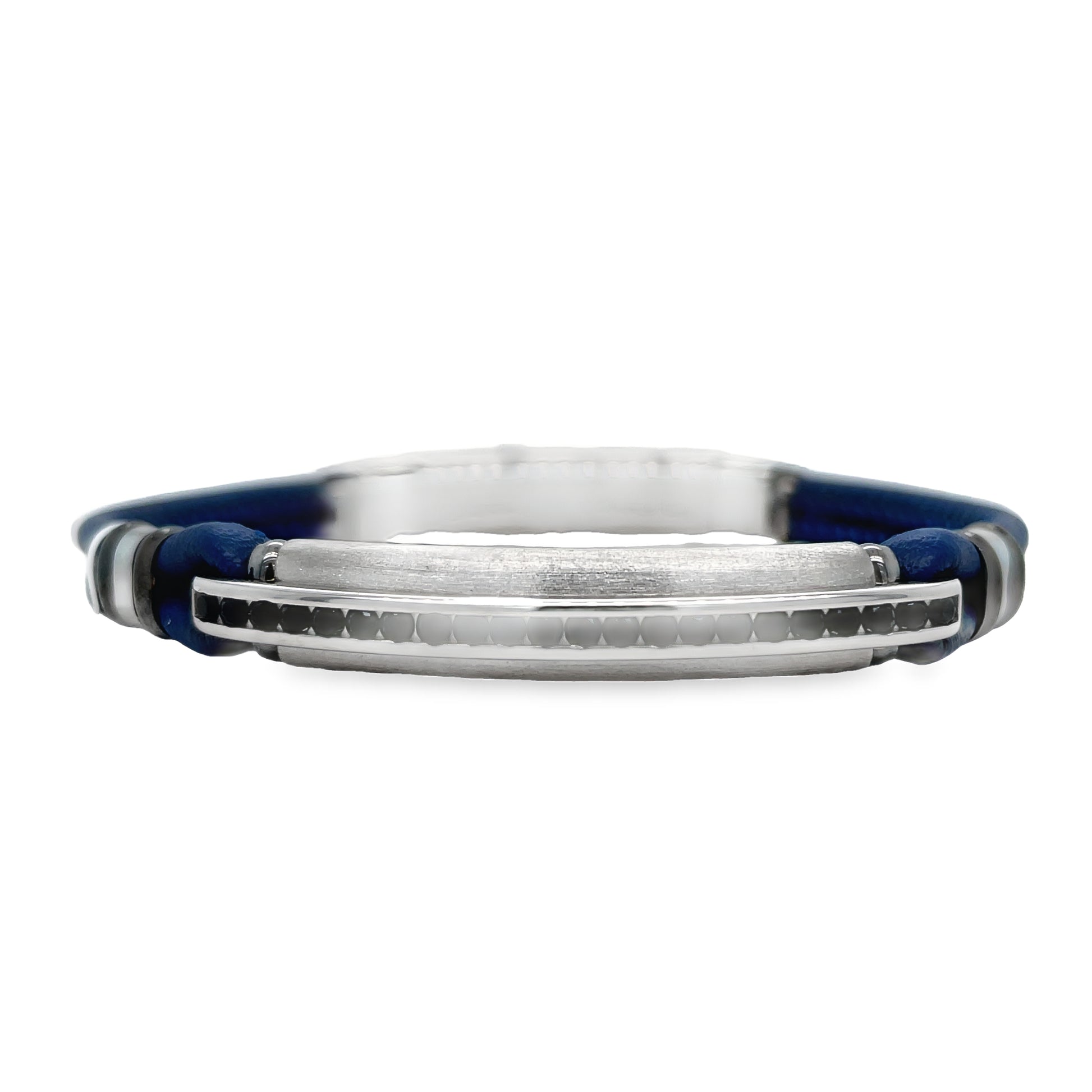 Zancan Sterling Silver Spinel Gems Blue Leather Bracelet Front view with clasp fastened