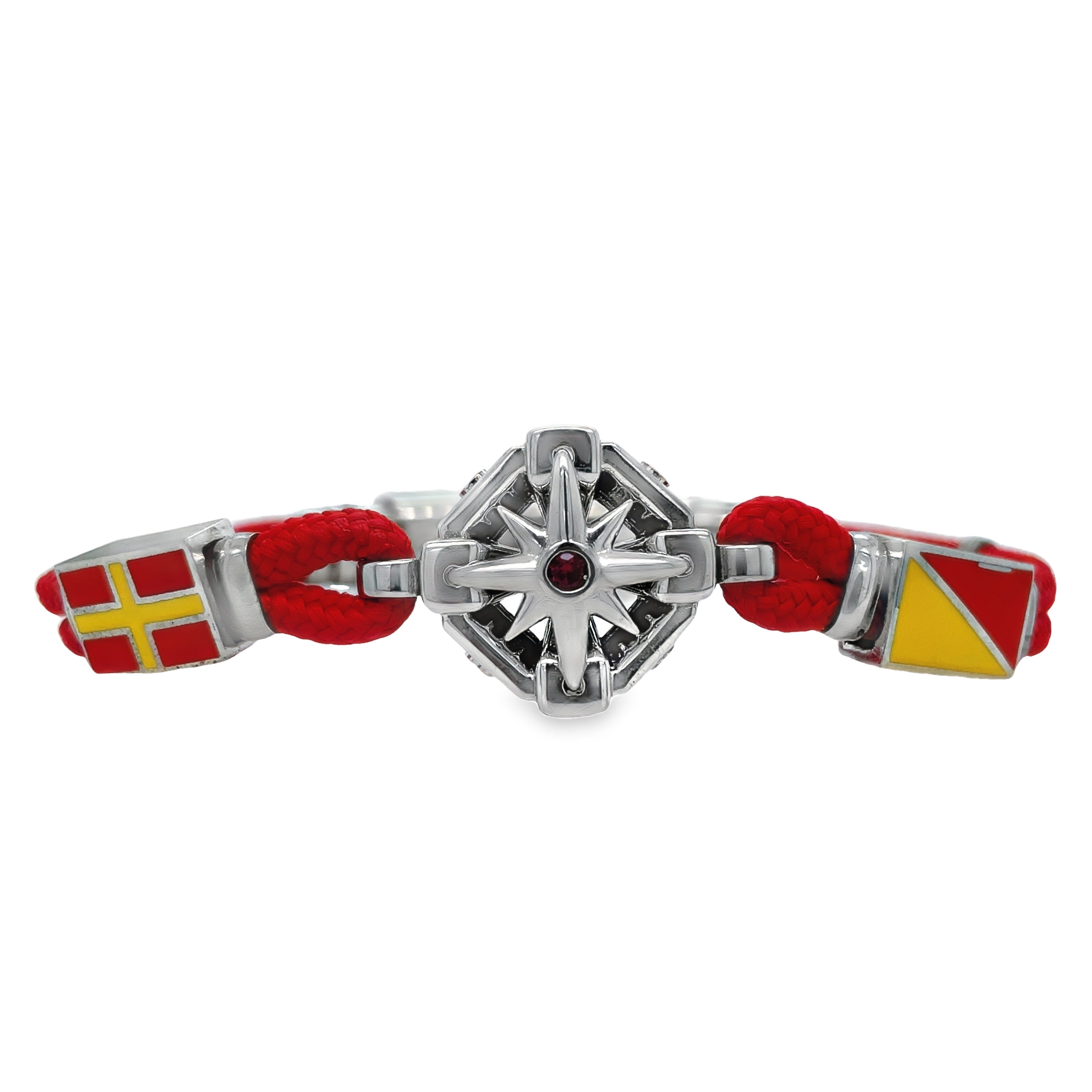 This Italian-made sterling silver bracelet features a sterling compass rose, coated in rhodium for durability. The adjustable slide lock and red cord add versatility to the 8" length. Elevate your accessory game with this sleek and stylish piece.