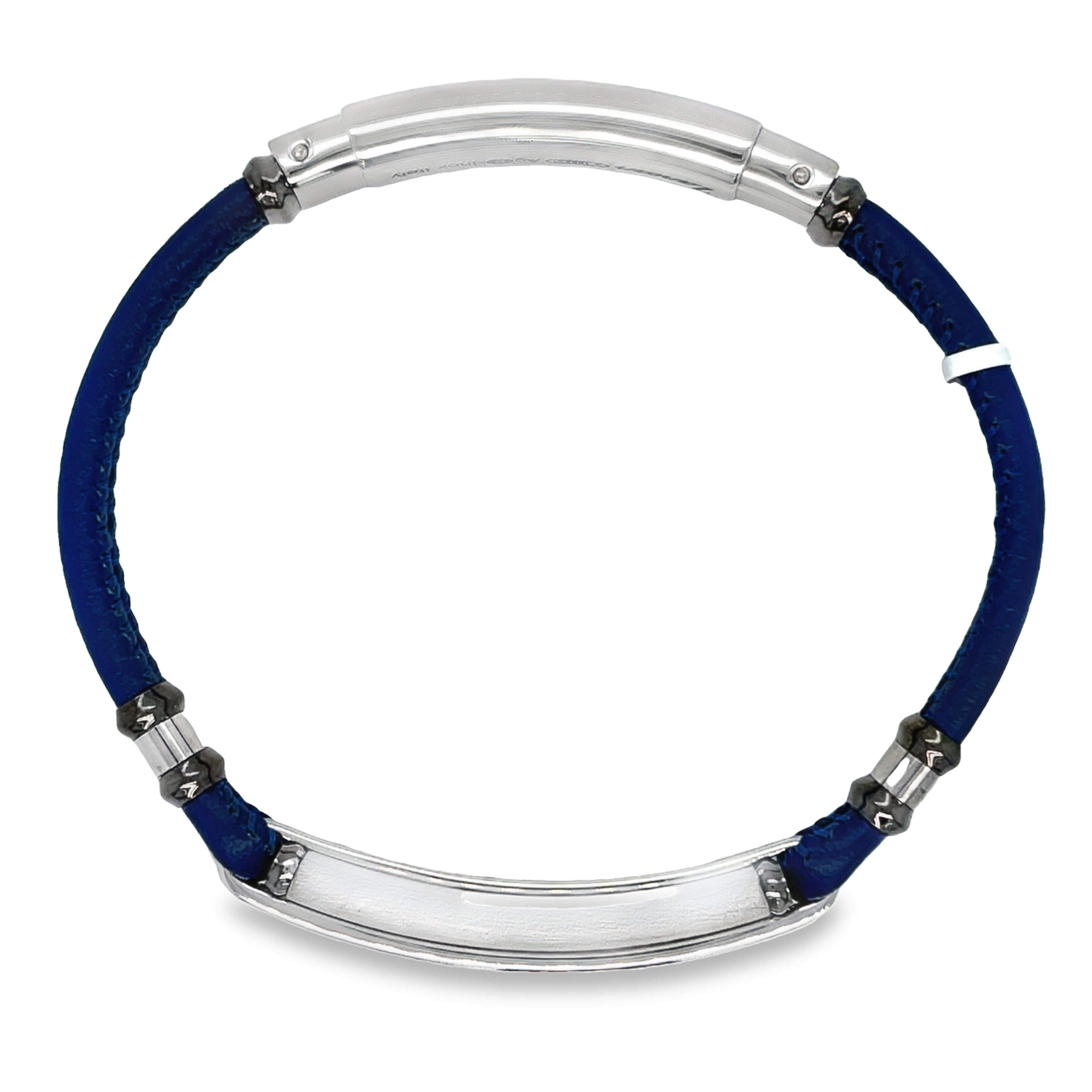This Italian made Zancan bracelet features a blue leather band adorned with sparkling round spinel gems. Made of sterling silver, it offers an adjustable clasp for a perfect fit. Add a touch of elegance and sophistication to any outfit with this stunning piece.