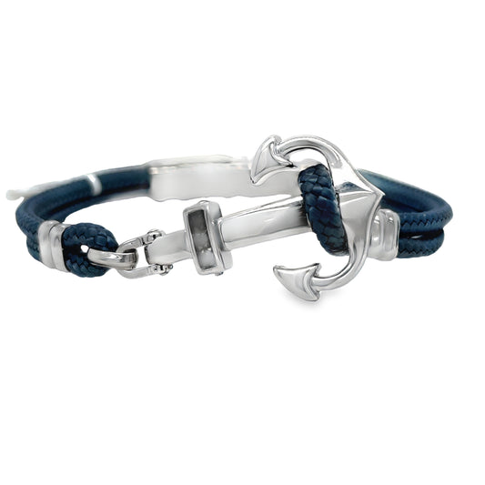 Zancan Sterling Silver Anchor Teal Cord Bracelet Front view wtih clasp fastened