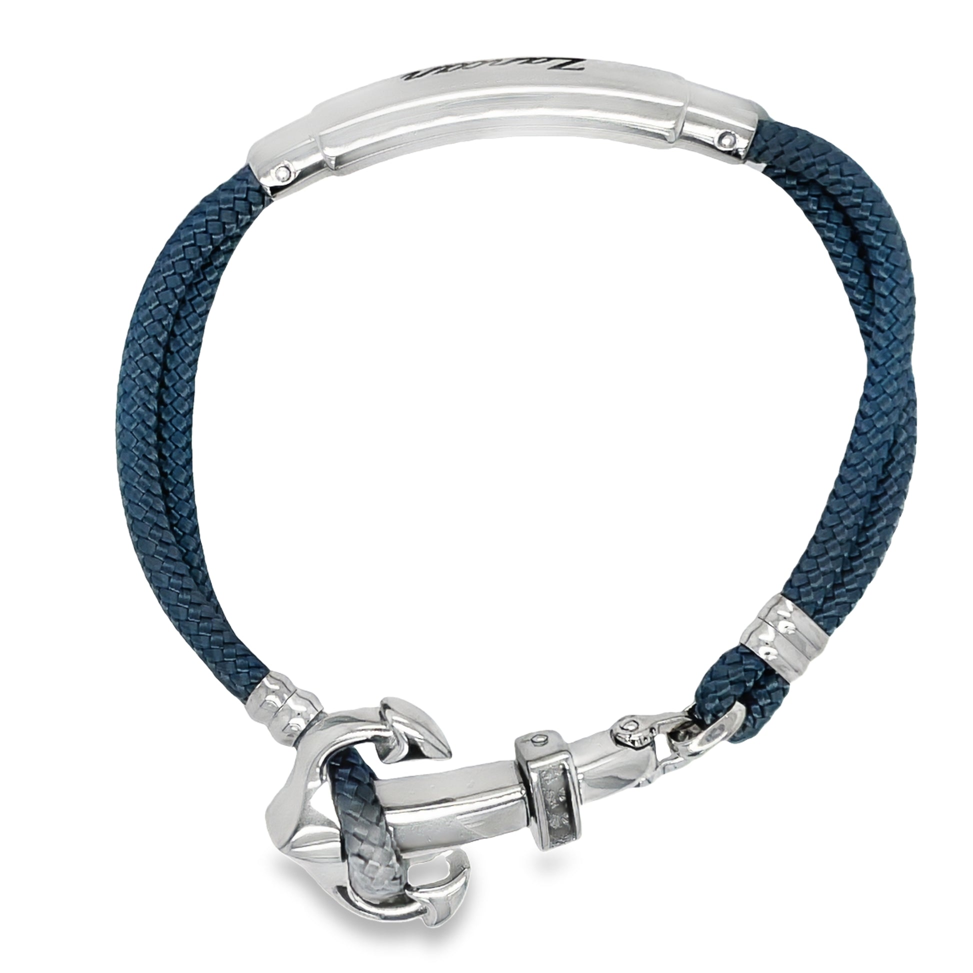 Zancan Sterling Silver Anchor Teal Cord Bracelet Top view with clasp fastened