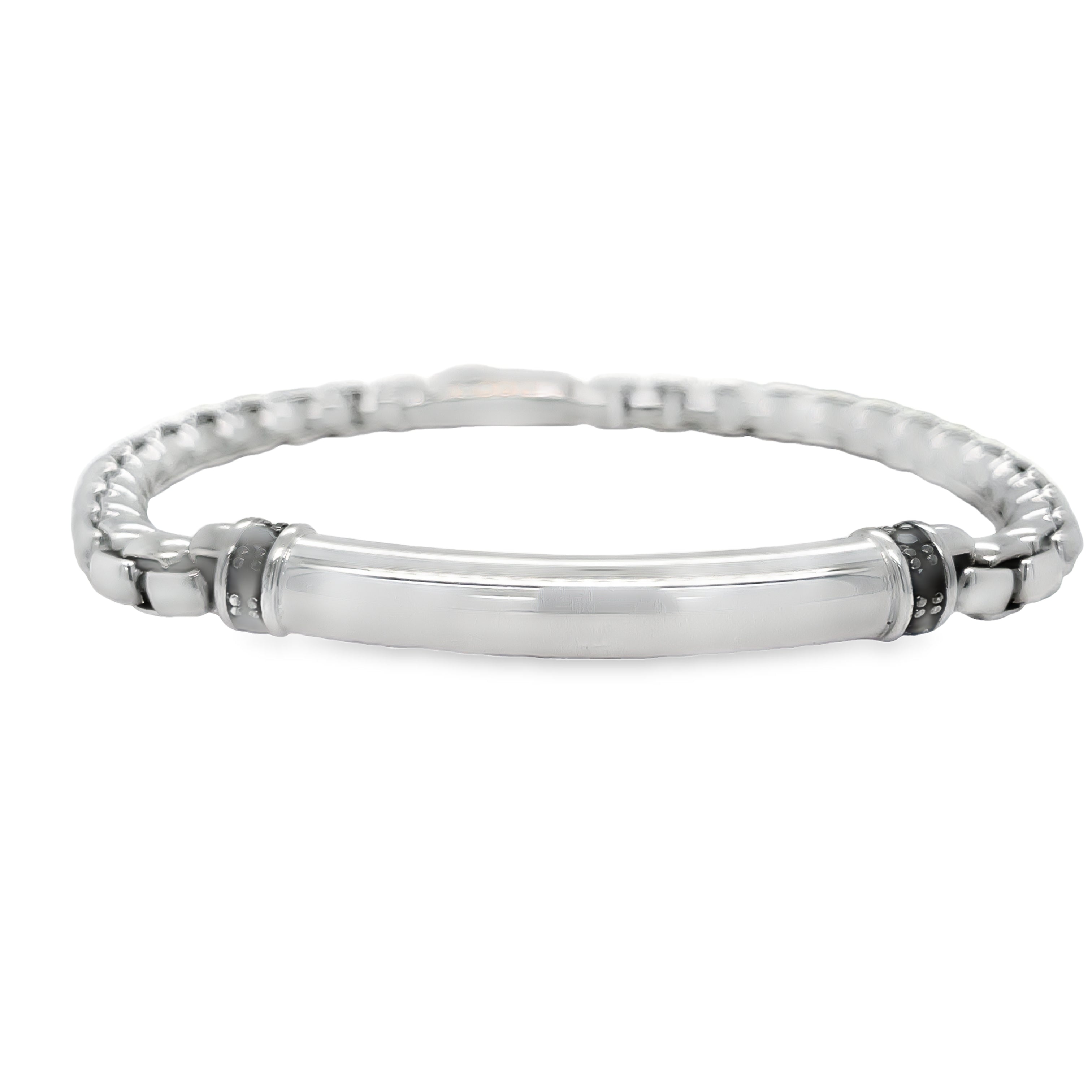 Crafted in Italy, the Zancan Curved Bar Solid Bracelet with round spinels is a sleek addition to the mens collection. The 925-silver design is enhanced with a striking black and white rhodium burnishing, exuding elegance and sophistication. Elevate your style with this expertly crafted bracelet.