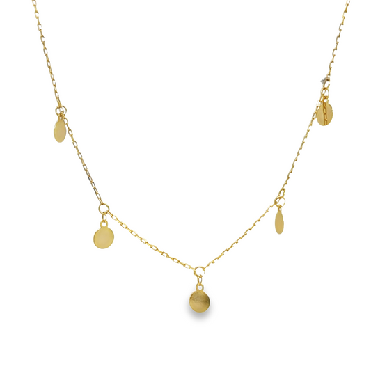 14k Italian Yellow Gold Five Circle Necklace 16" Front view 