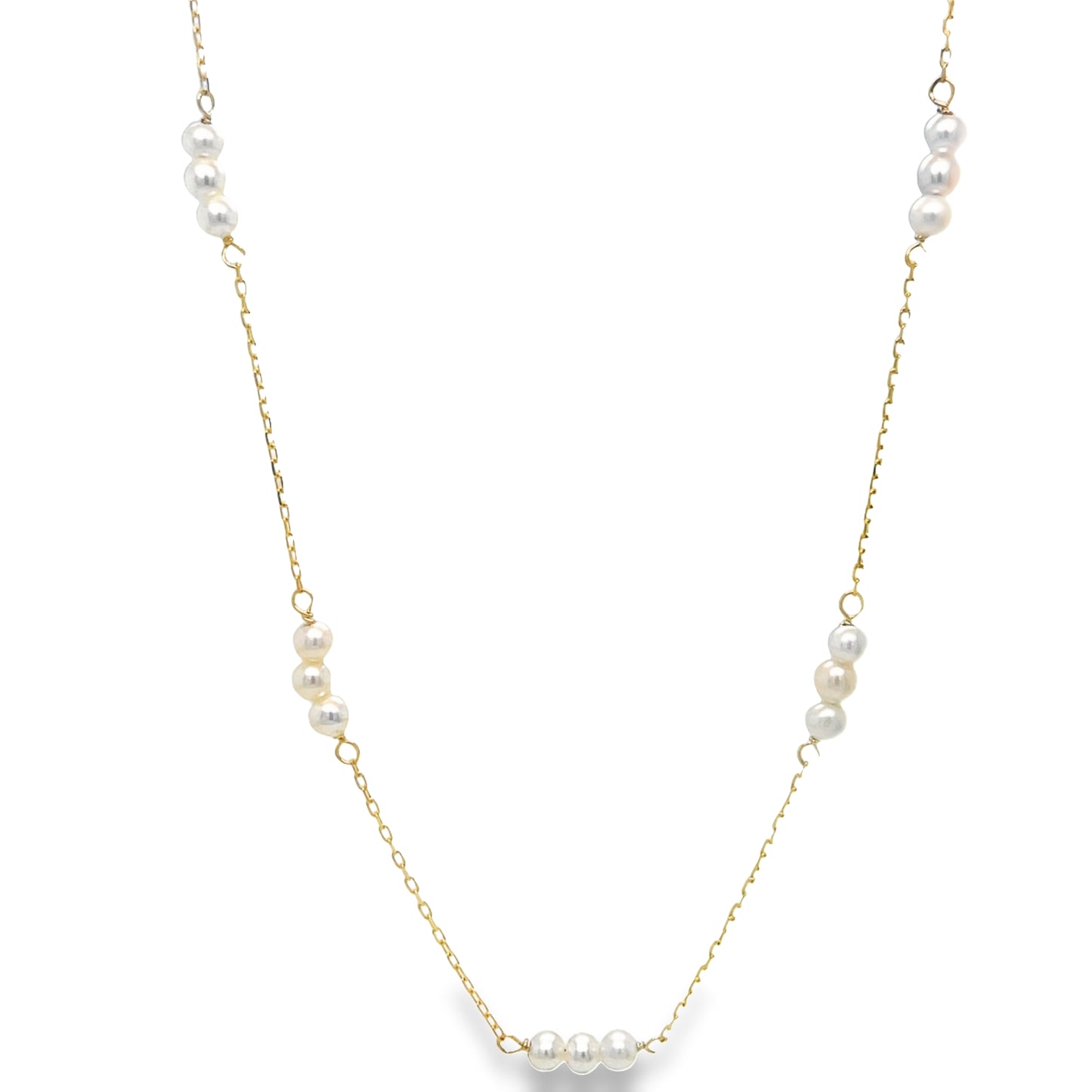 front view of 14k Yellow Gold Five Station Pearl Necklace 4.50 mm
